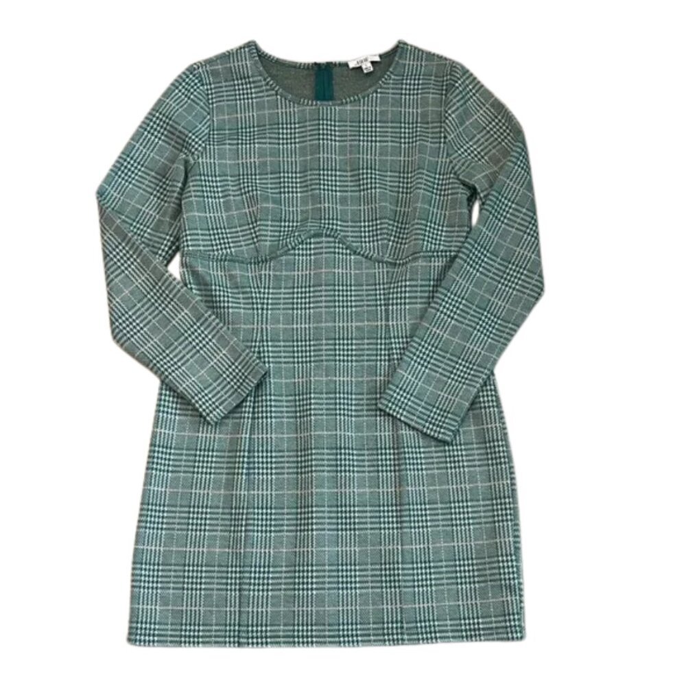 AUW Women's Green & White Plaid with Gold Accents Bodycon Long Sleeve Dress Sz L